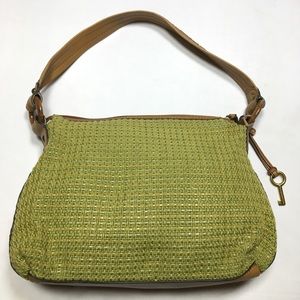 Fossil green weaved shoulder bag with leather trim